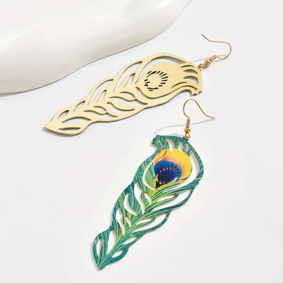 Polychrome Peacock Feather Fish Hook Earrings, Almost 4” Long - Picture 3 of 7